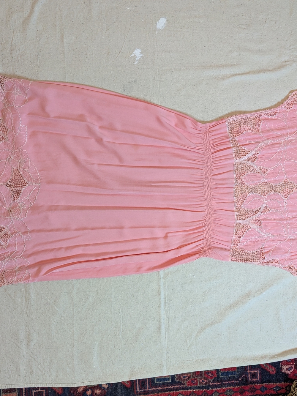 1980s Vintage Bali Emerald Cutwork Lace Pink Hibiscus Dress S/M - Picture 2 of 8